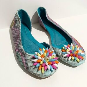 Laurent Effel Snakeskin Colorful Women's Flats with Floral‎ Accent
